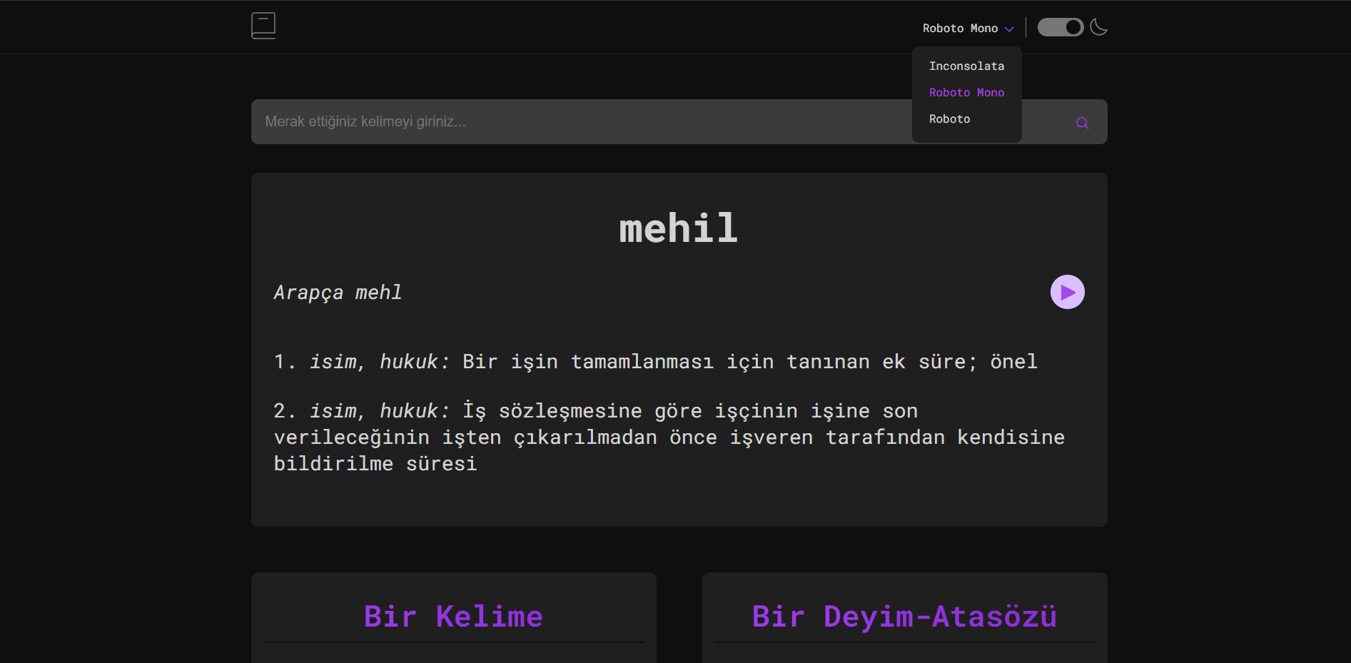 Turkish Dictionary Font Option Preview